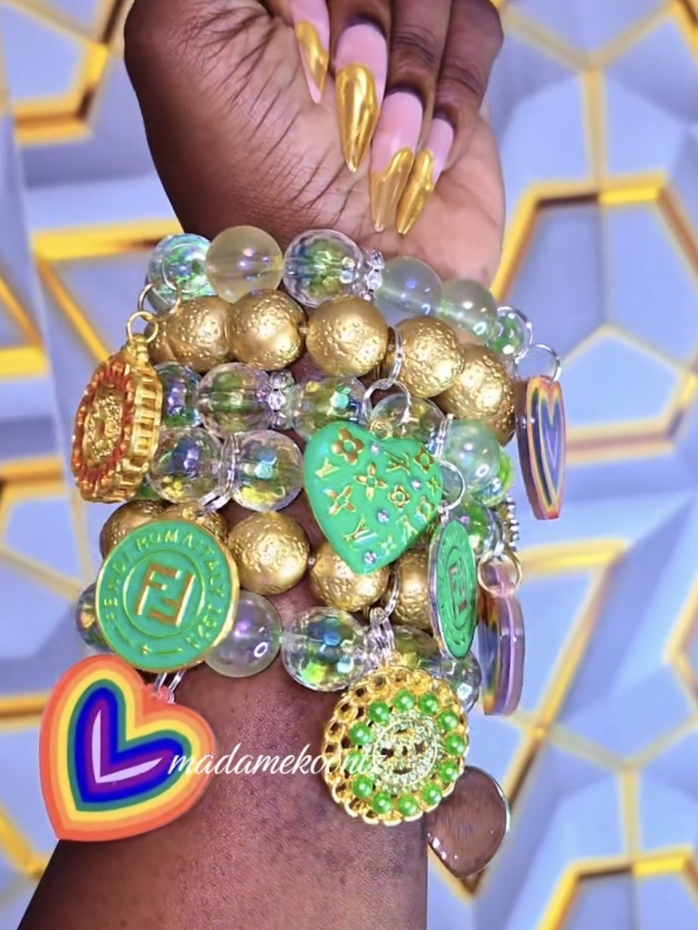 Gold and Green Charm Beaded Bracelet Stack by